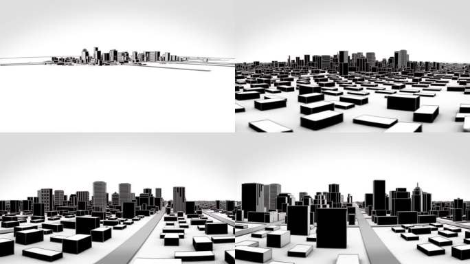 一个未来城市的黑白3D模型。漫画风格