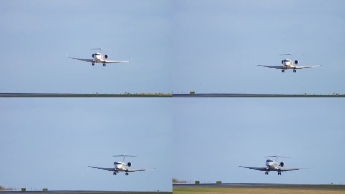 喷气式飞机着陆的前视图。蓝天中客机的美丽景色。飞机在清晨接近并降落