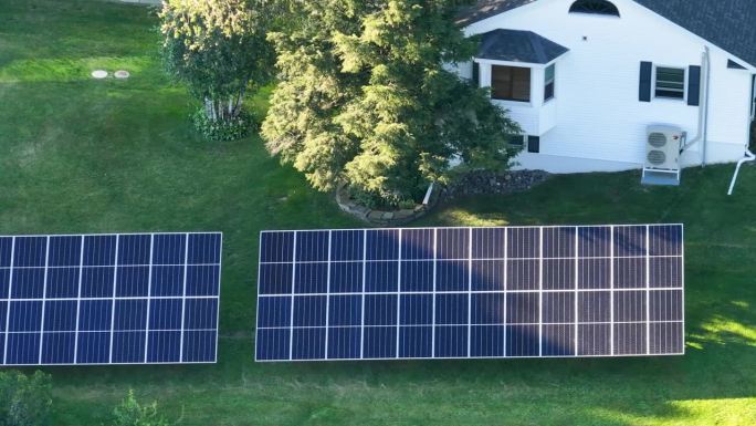 太阳能光伏板安装在后院地面上的独立框架上的自主房屋，产生清洁的生态电能