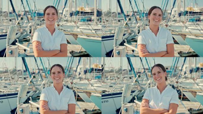 海洋，旅行和幸福的女人双臂交叉在船上航行或船员在海上，港口或码头的游艇。船，工人和在水上航行的肖像，