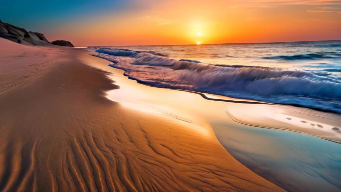 海边阳光沙滩油画风格小清新背景黄昏