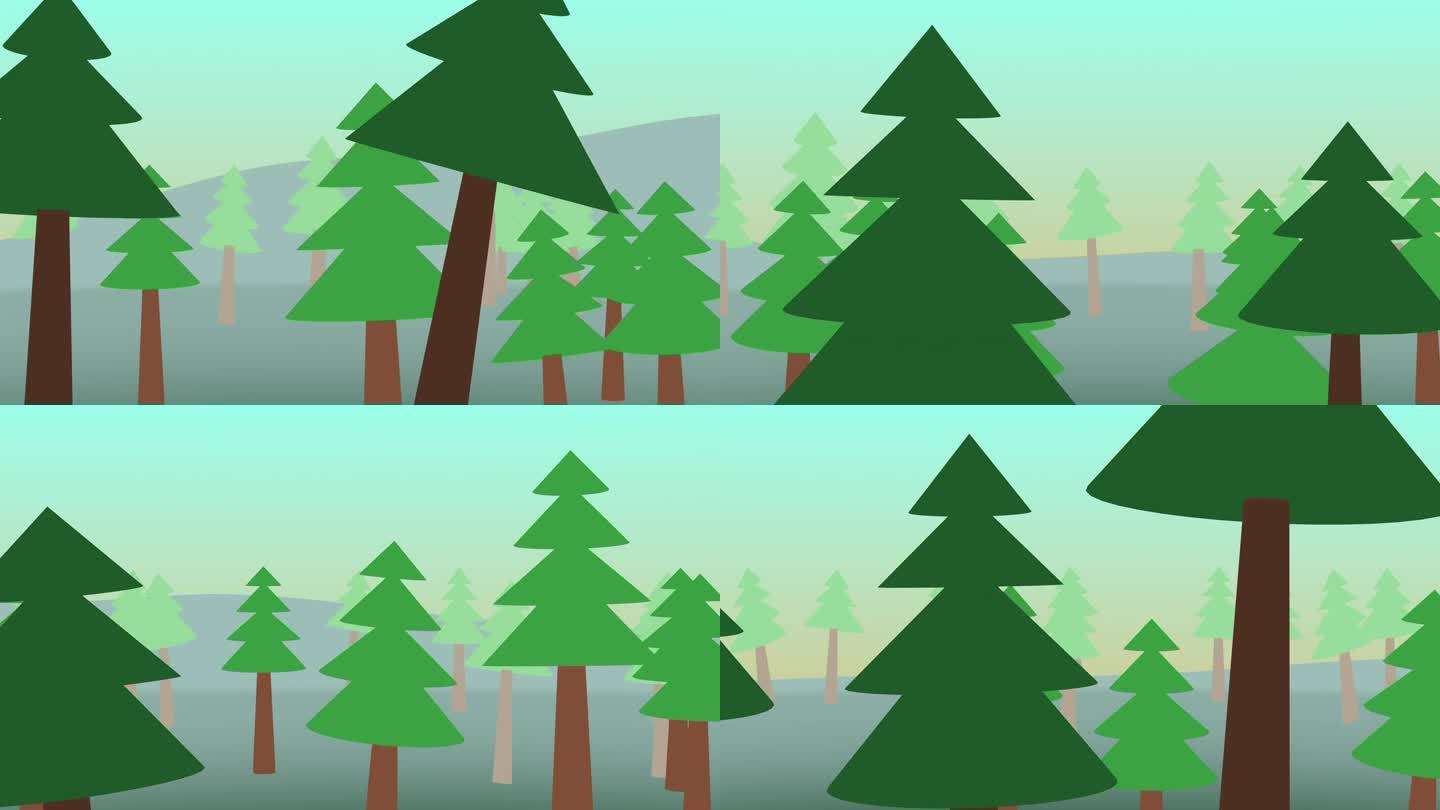 快速飞过风格化的森林，树木从右到左经过，2D动画循环