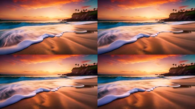海边阳光沙滩油画风格小清新背景场景