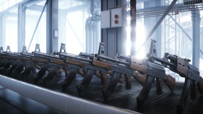 俄罗斯AK 47机枪生产厂。战争的概念。逼真的4k动画。