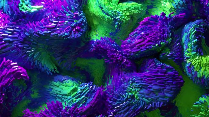 3d渲染抽象艺术视频动画3d背景与超现实运动移动的节日波浪派对球球粒子液体物质在蓝紫绿渐变色