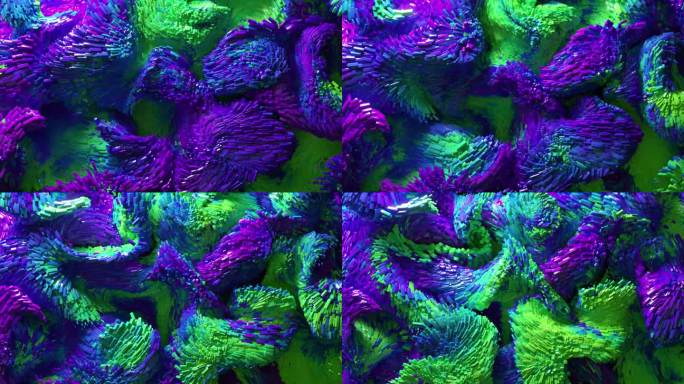 3d渲染抽象艺术视频动画3d背景与超现实运动移动的节日波浪派对球球粒子液体物质在蓝紫绿渐变色