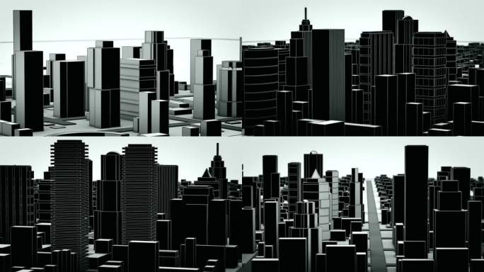 一个未来城市的黑白3D模型。建筑物慢慢地从地上拔地而起。卡通风格