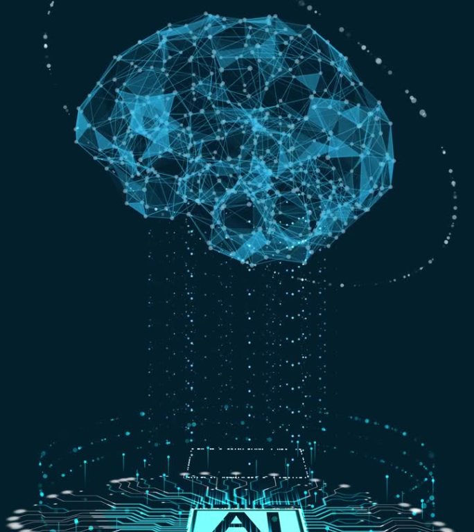 人工智能电子大脑AI。数字心灵3D大脑插图。电子神经连接数据分析网络结构动画网络大脑