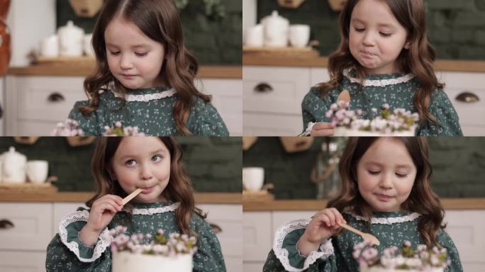 孩子们在家里过生日。可爱的4-5岁的小女孩穿着节日服装，正在开心地吃着装饰着鲜花的生日蛋糕。快乐的孩