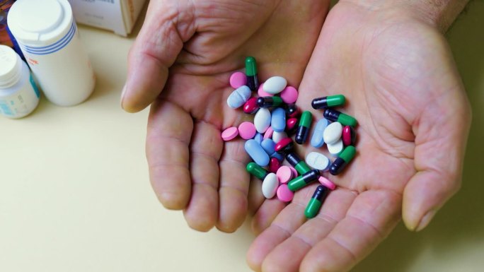 一个人手里拿着一把无法辨认的药片，药片的颜色不同，旁边是一罐药。