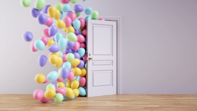 抽象党的背景。门打开了，彩色的气球飞到左边。3d动画节日壁纸