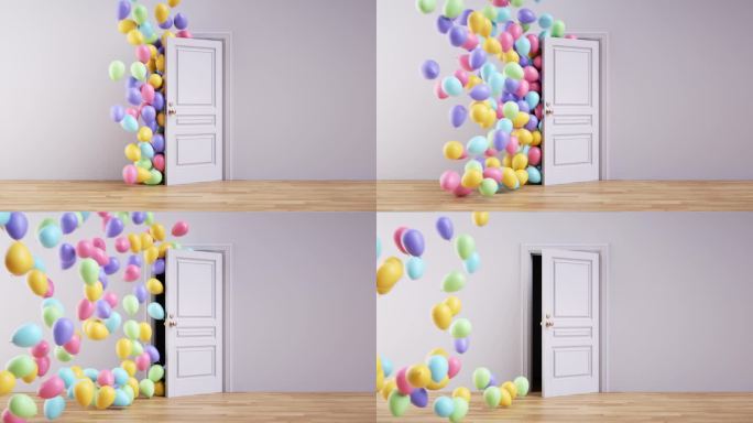 抽象党的背景。门打开了，彩色的气球飞到左边。3d动画节日壁纸