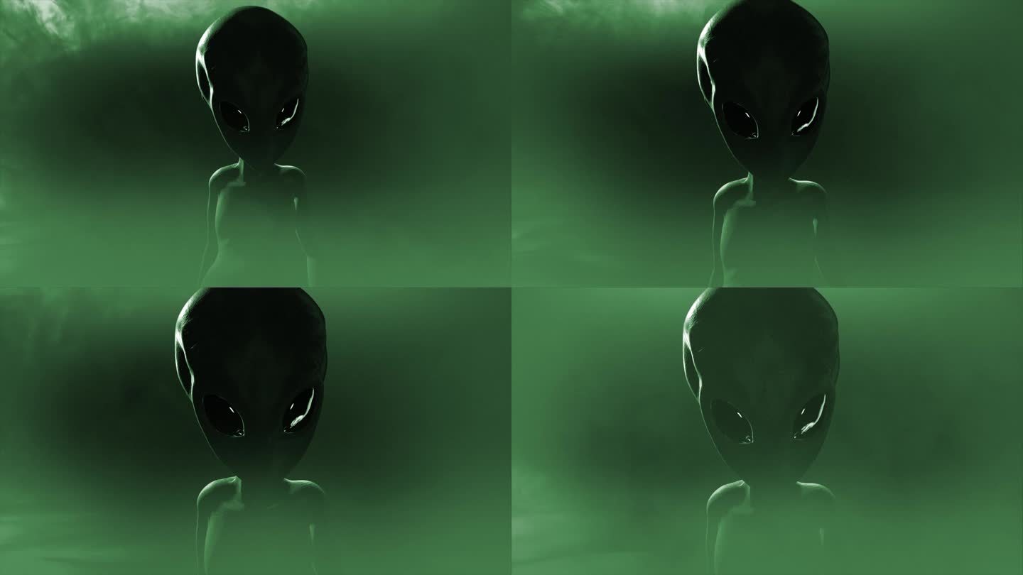 一个经典的、皮肤光泽的罗斯威尔灰色外星人的3D CGI中特写镜头，看起来怪异而具有威胁性，在一团不祥