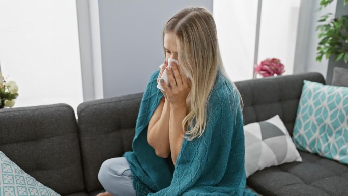 患有流感的年轻金发女郎坐在舒适的沙发上，鼻子里满是鼻涕，在毯子下寻找温暖，这是家里冬天疾病的写照。