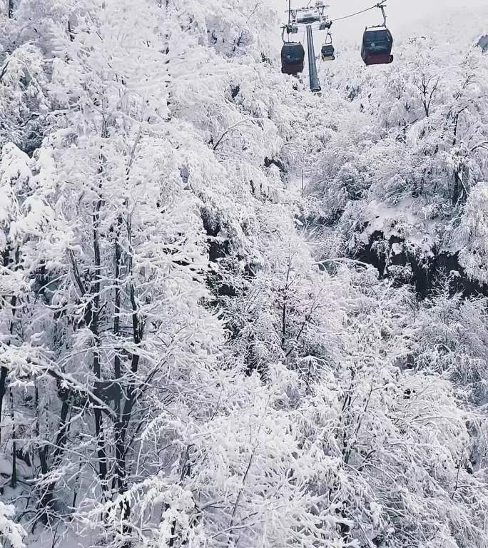 河南栾川老君山穿行在雾凇中的缆车冬天