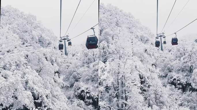 河南栾川老君山穿行在雾凇中的缆车冬天