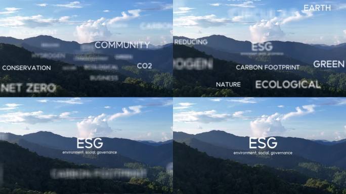 ESG概念将环境、社会和治理在可持续发展和道德商业上的网络连接起来。ESG短语漂浮在空中，鸟瞰
