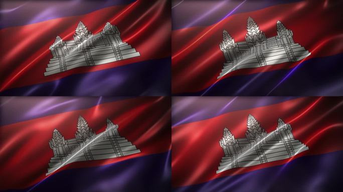 柬埔寨王国国旗，高角度，透视视角，电影化观感，光泽度高，慢动作摇摆，飘逸柔滑质感飘动。逼真的CG动画
