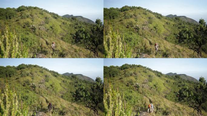 一个西方人沿着东非的山脊线徒步旅行，可以欣赏到令人惊叹的热带景色。