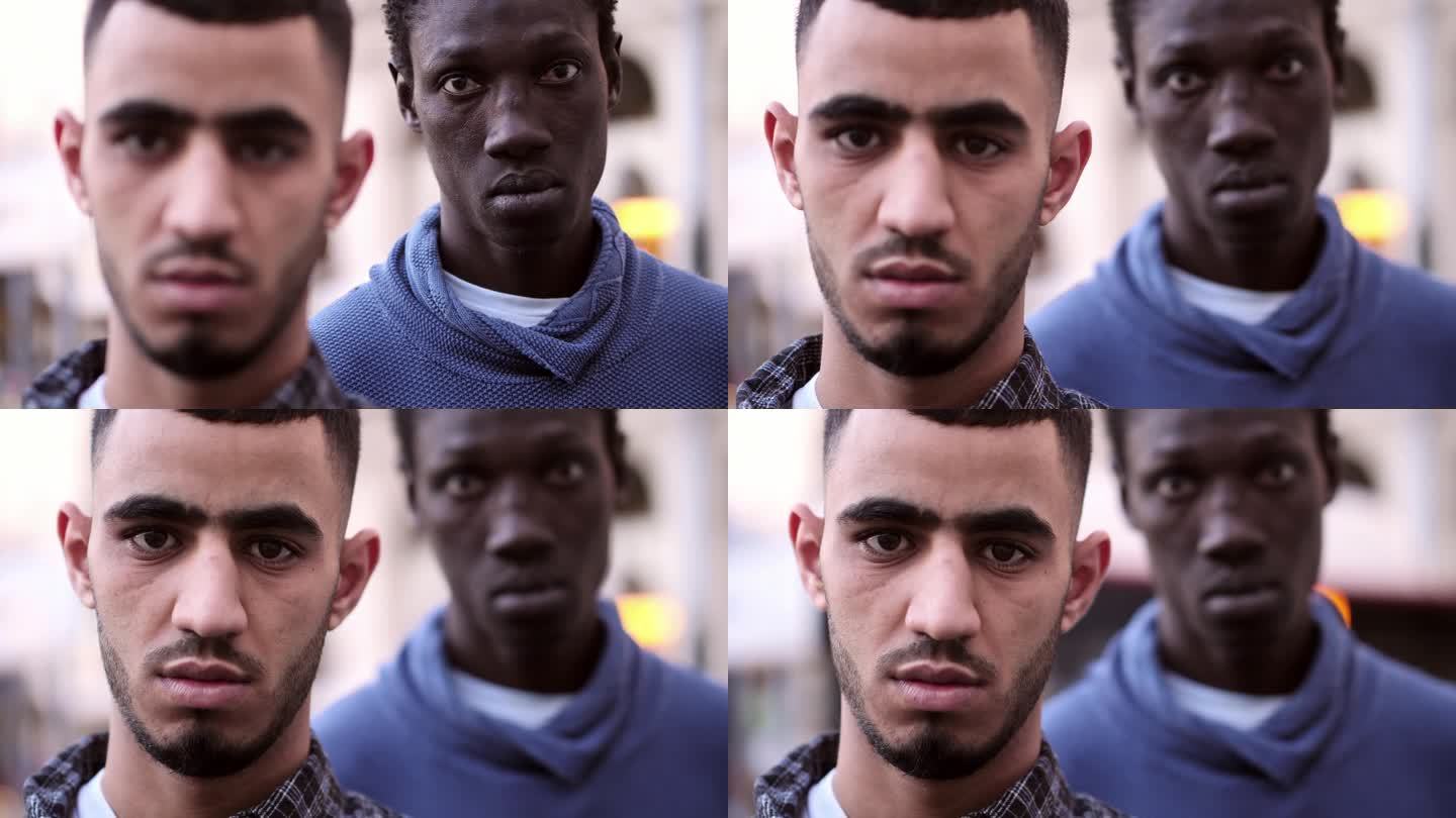 年轻的北非和非洲男子表情严肃地看着镜头