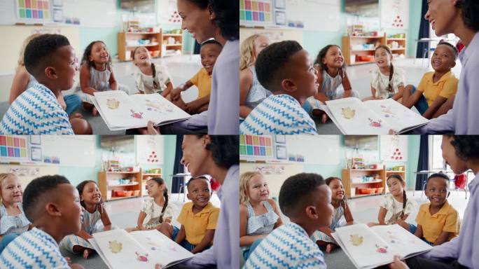 小学女教师坐在教室里给多元文化班讲故事