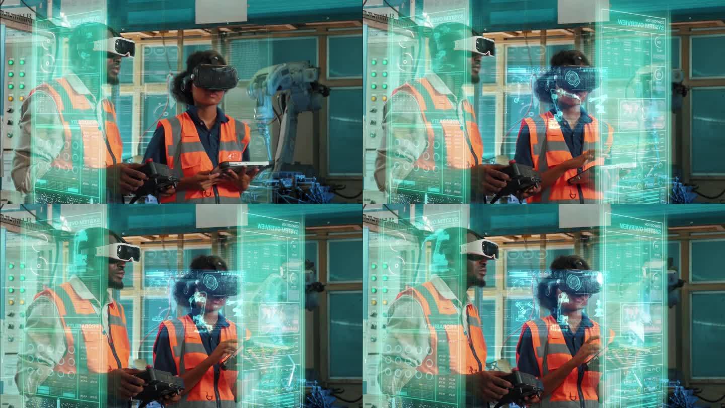 在工厂的工业机器人中工作时，从事防护工作的技术工程师使用虚拟界面控制和指导维护