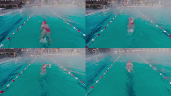 户外度假胜地雾蒙蒙的游泳池里，坚定的女子练习自由泳的镜头
