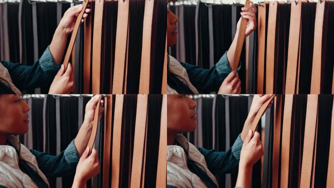 皮革车间，皮带和妇女的手在纺织选择在小企业。制革，皮带和工艺的工厂裁缝制造，时尚生产和创意工作的专业