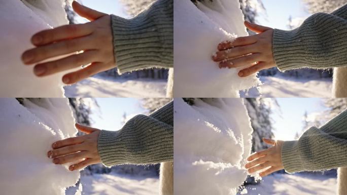 莫伊斯特拉纳特里格拉夫国家公园，阳光明媚的一天，一位不知名的女人的手在森林里摸雪的特写
