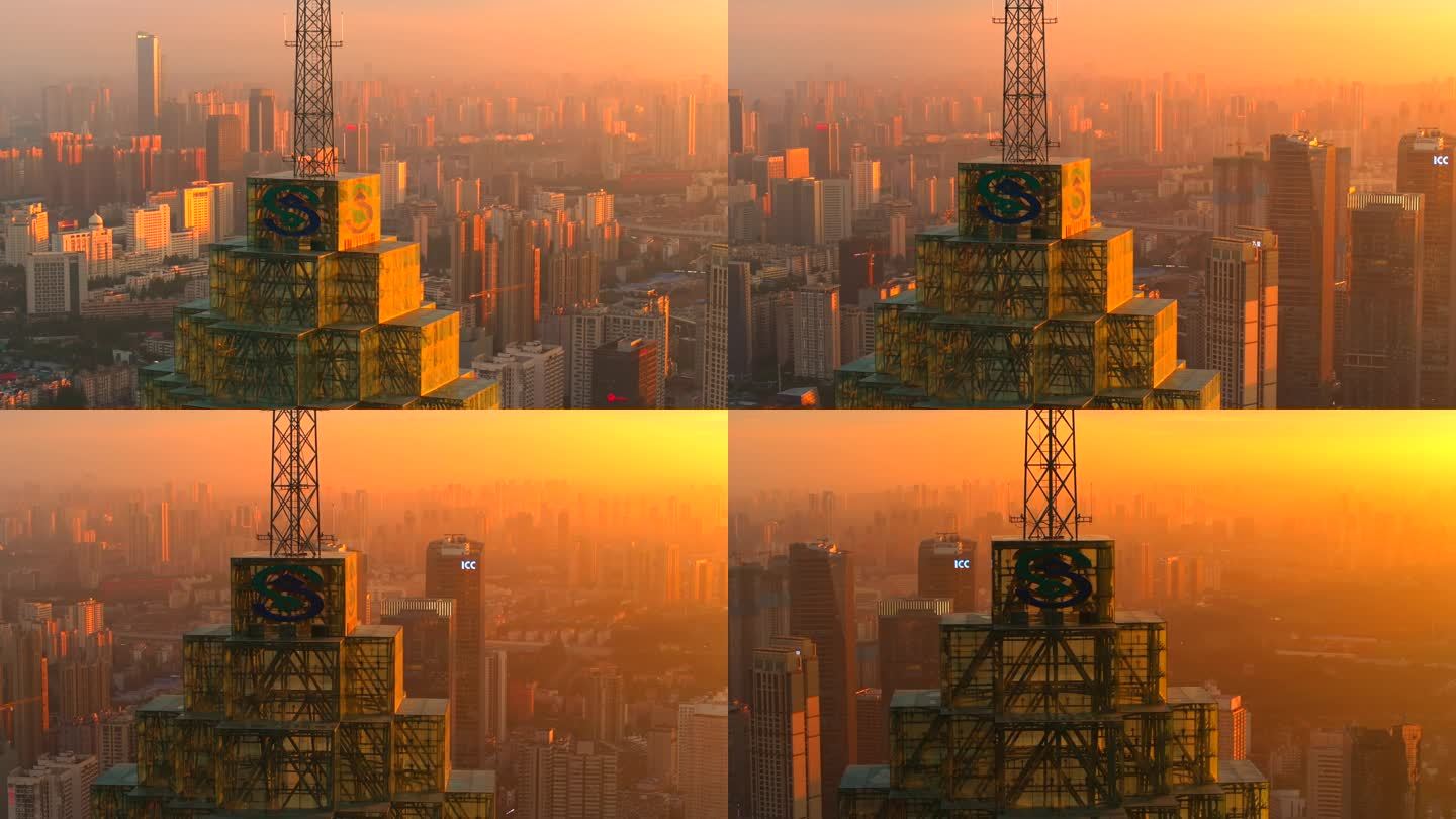 武汉汉口西北湖金融中心城市日落航拍