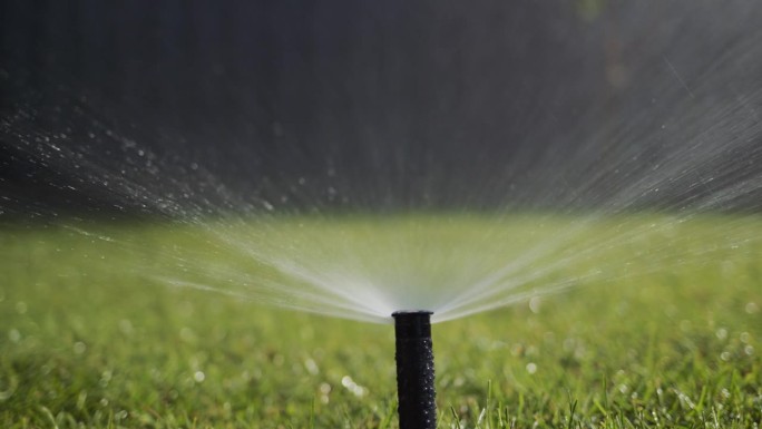 滑块:一股水流在压力下灌溉着绿色的草坪。