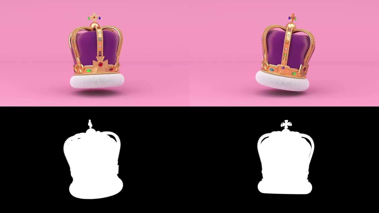 4k分辨率视频:皇家加冕金冠与钻石无缝环旋转粉红色背景与阿尔法哑光