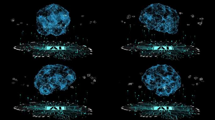 人工智能电子大脑AI。数字心灵3D大脑插图。电子神经连接数据分析网络结构动画网络大脑