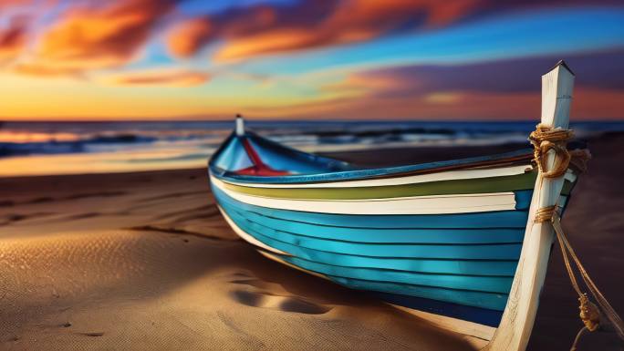海边阳光沙滩油画风格小清新背景木船