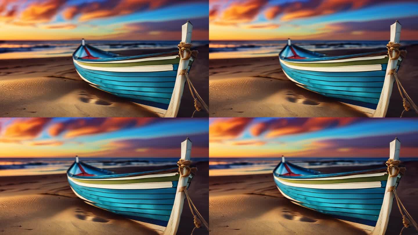 海边阳光沙滩油画风格小清新背景木船