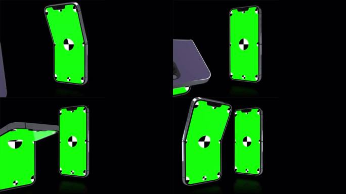 两个绿色背景的折叠智能手机的3D渲染。在屏幕中旋转。有一个绿色的屏幕，方便键控。计算机生成的图像。简