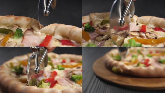 一把披萨刀在新鲜的披萨表面滚动，切开它。