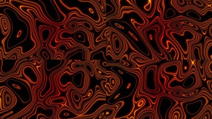 抽象的曲线和波浪橙色线条孤立在一个黑色的背景。设计。狭窄的移动椭圆形状