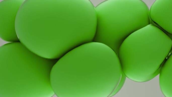 3d动画4K。抽象的背景与绿色的球粘在一起。节日的绿色气球绿色的球体相互碰撞并改变形状。柔软的圆形飞