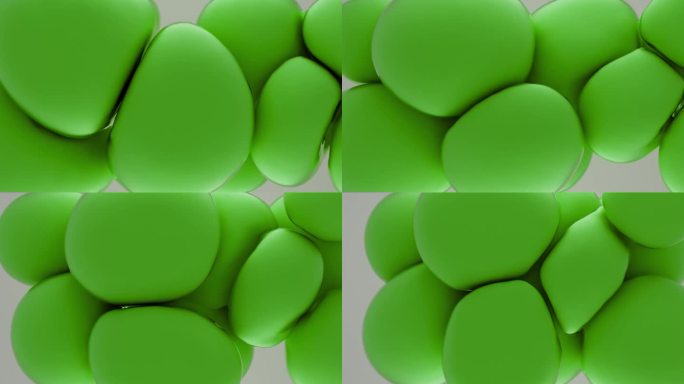 3d动画4K。抽象的背景与绿色的球粘在一起。节日的绿色气球绿色的球体相互碰撞并改变形状。柔软的圆形飞