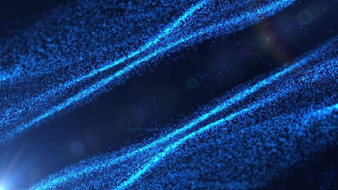 蓝色波浪粒子在黑暗的背景与灯光效果，数字技术的连接和创新的概念。