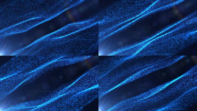 蓝色波浪粒子在黑暗的背景与灯光效果，数字技术的连接和创新的概念。