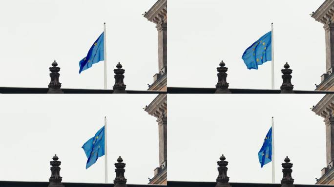 实时镜头的欧盟旗帜与天空在柏林，德国，欧洲