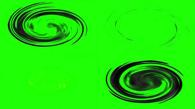 一个巨大的火焰和黑烟漩涡，在绿色的抽象屏幕上出现和消失。
