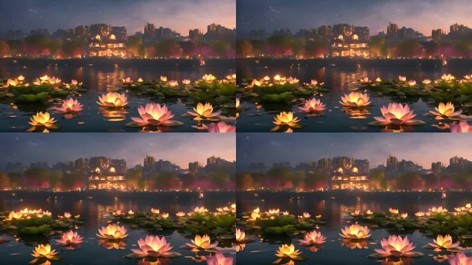 湖水上的莲花灯祈祷