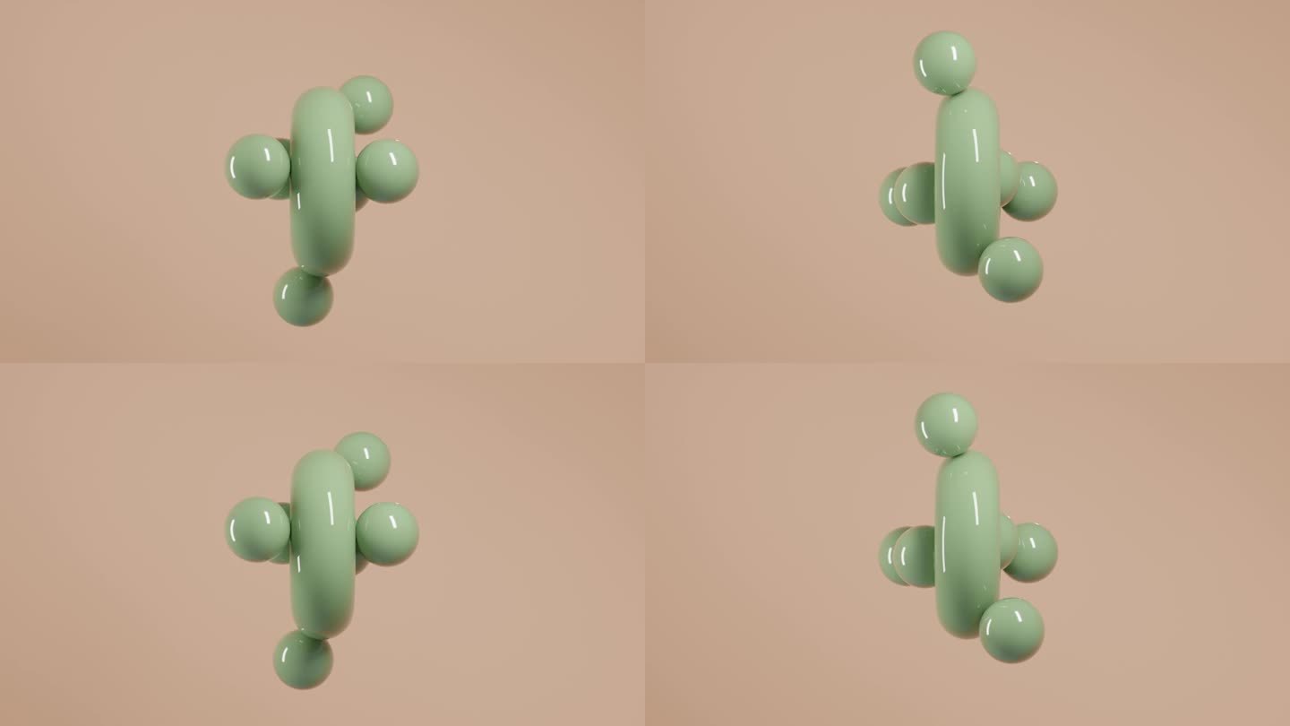 动态几何集合:桃色背景上带有旋转球体的绿色环面的抽象三维动画