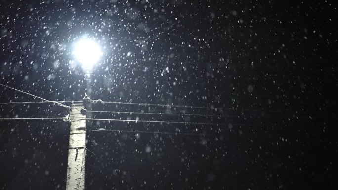 真正的雪，冬夜的雪。单盏孤灯照亮街道。寒冷的天气，暴风雪。雪花飘落，无缝圣诞时光仙境背景。