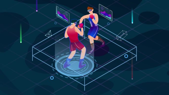 两个玩家在家里玩vr拳击运动虚拟现实耳机。未来的2d动画互联网与数字虚拟世界4k
