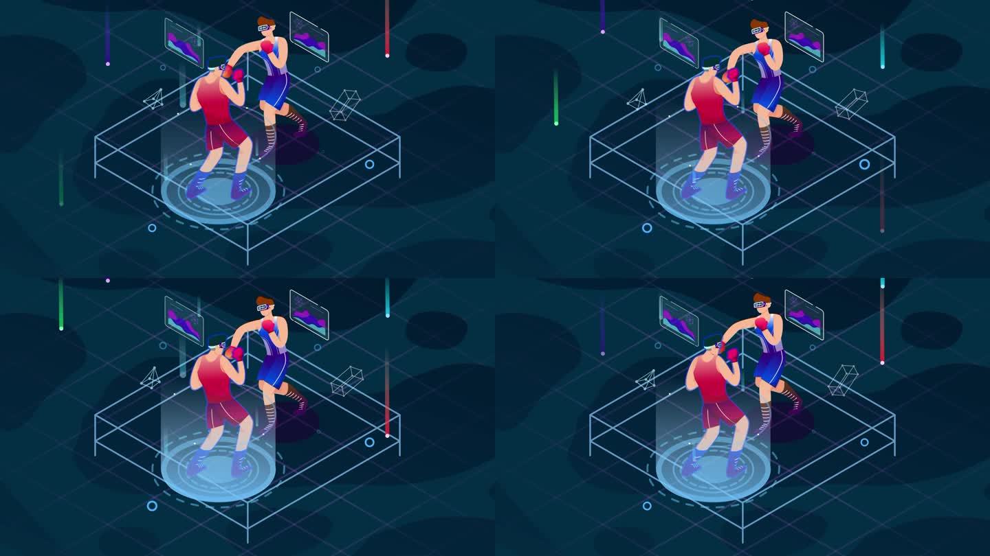 两个玩家在家里玩vr拳击运动虚拟现实耳机。未来的2d动画互联网与数字虚拟世界4k