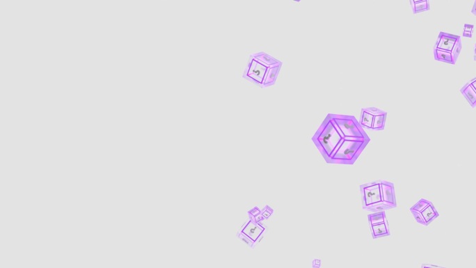 下落缓慢神秘问号紫色骰子动画无缝循环。白色背景。神秘问号骰子循环动画。文本的位置在左边